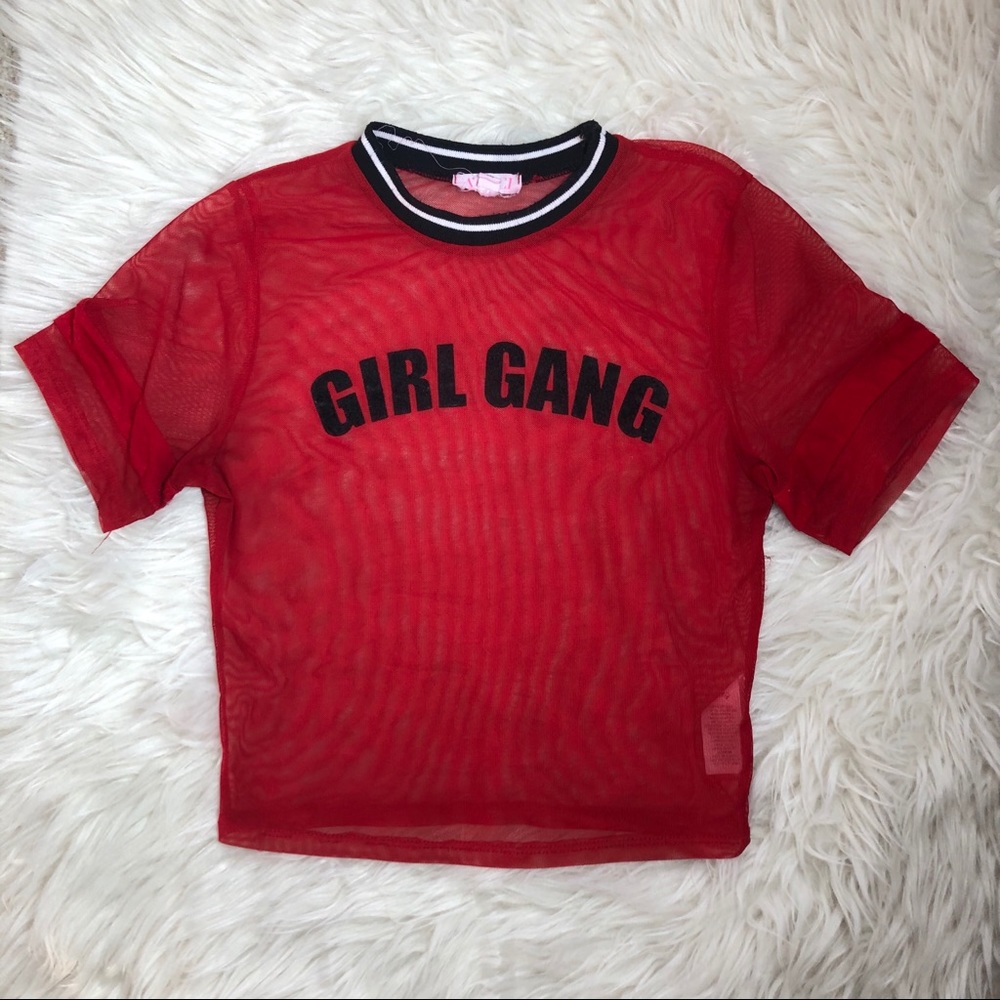 Red GIRL GANG Cropped Sheer Shirt